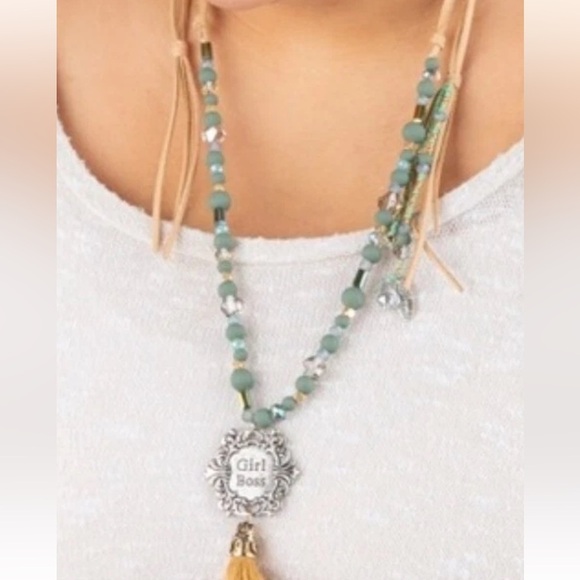 Bohemian Green and Silver 'Girl Boss' Necklace - Picture 2 of 8